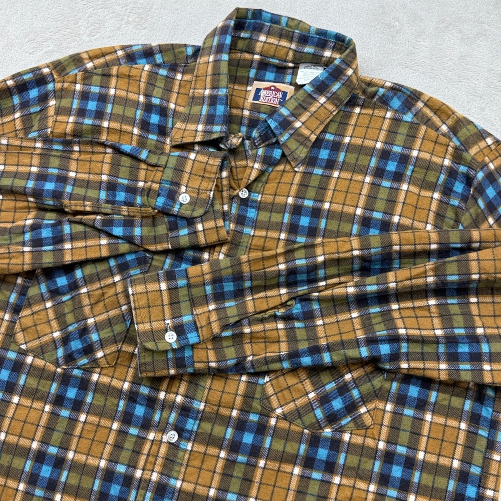 VTG American Edition Flannel Shirt Mens L Tall Brown Blue Plaid Button Down USA